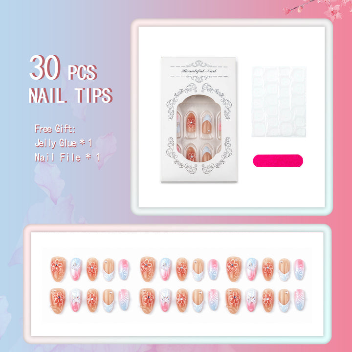 Handmade Press-On Nail Set with Floral and Butterfly Designs