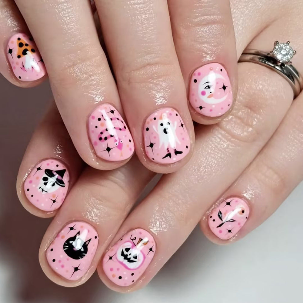 Festive Ghost and Pumpkin Press-On Nail Art Stornfield
