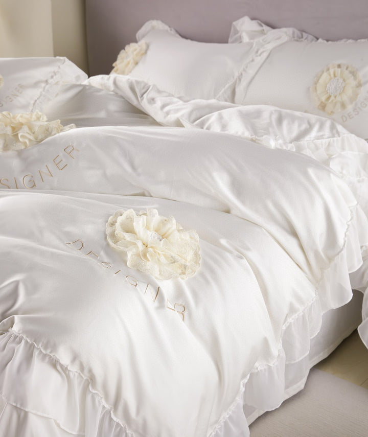 Romantic Ruffled Floral Applique Satin-Feel Duvet Cover Set