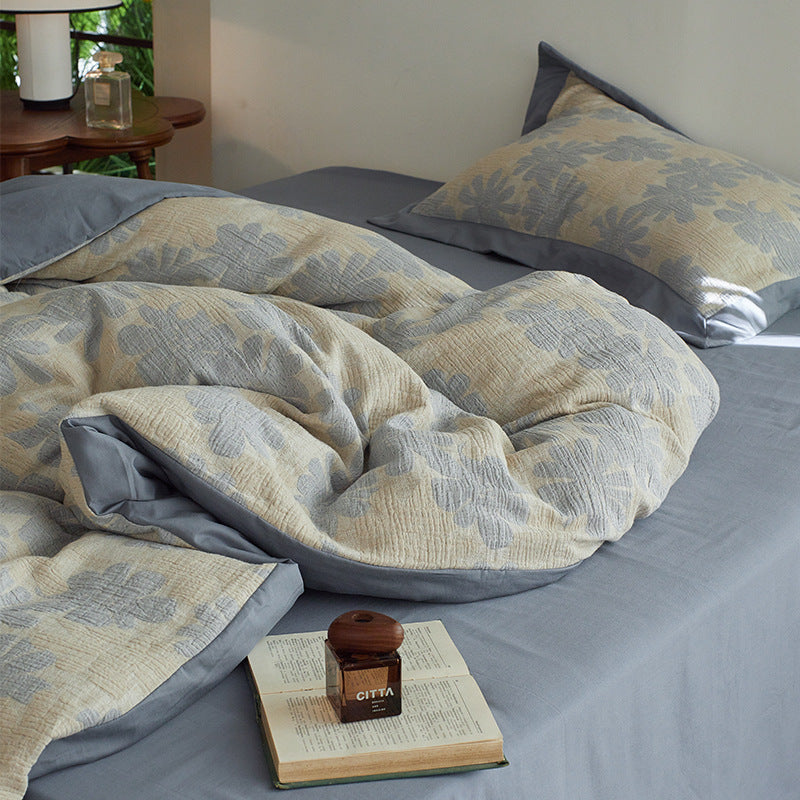 Quilted Botanical Cotton-Linen Comforter Set with Textured Floral Matelassé and Envelope Pillow Shams