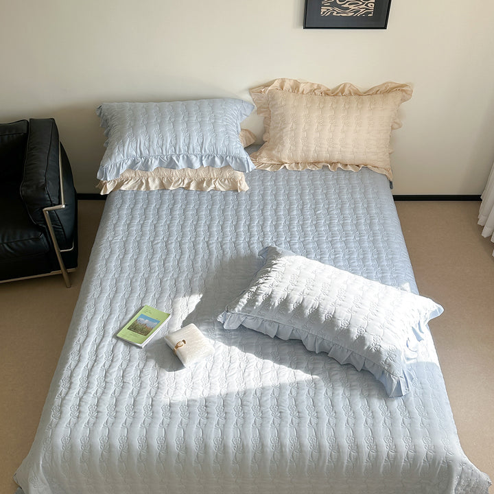 Quilted Floral Embroidered Bedspread Set with Ruffle Pillow Shams