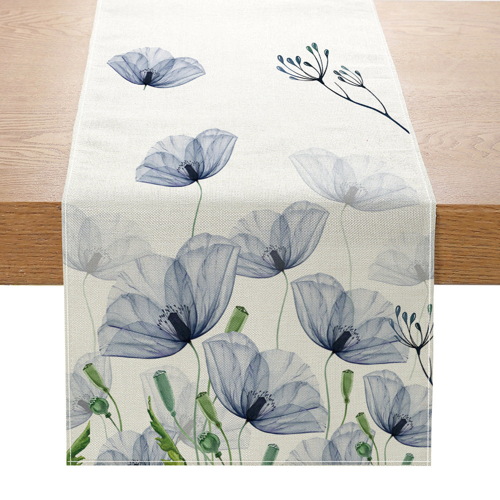 Linen-Blend Watercolor Floral Botanical Table Runner with Stain-Resistant Finish and Hemmed Edges