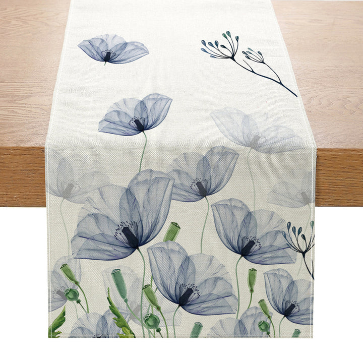 Linen-Blend Watercolor Floral Botanical Table Runner with Stain-Resistant Finish and Hemmed Edges