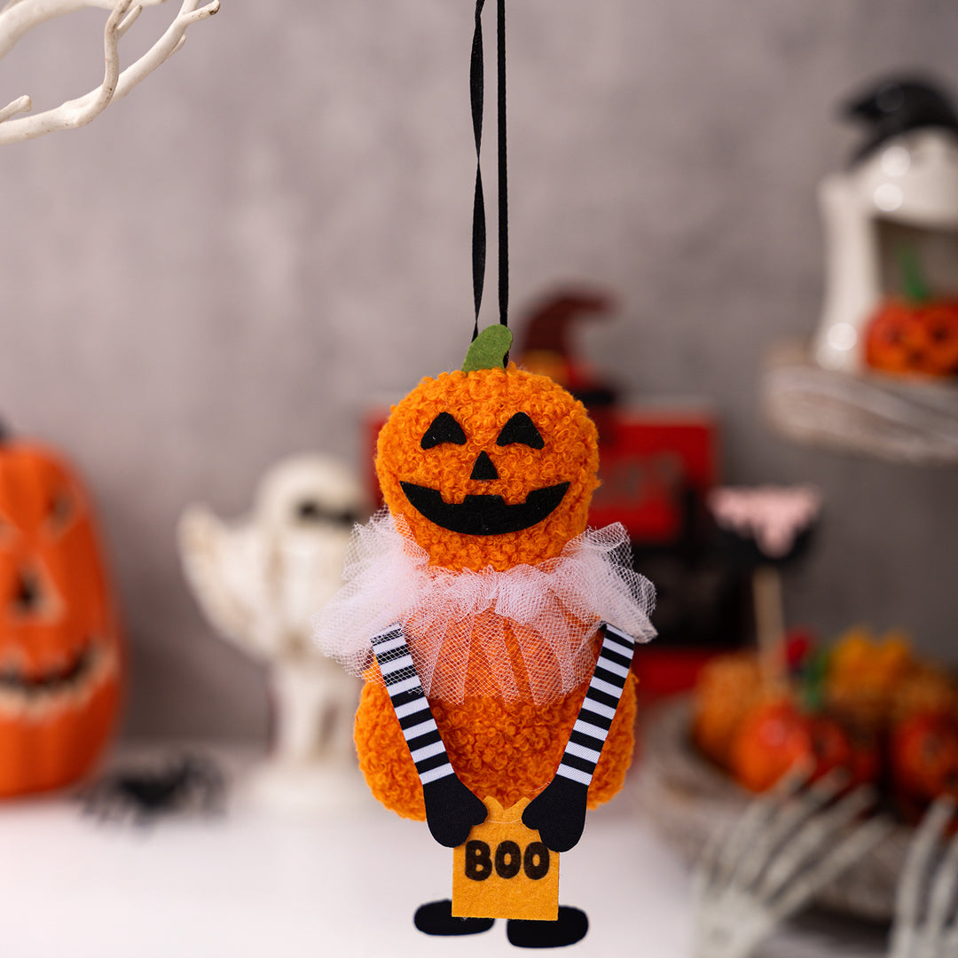 Halloween Hanging Decoration Plush Pumpkin with Tulle Collar and Ribbon Hanger