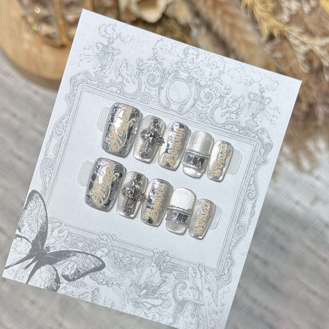 Metallic Press-On Nail Set with Decorative Silver Accents Stornfield