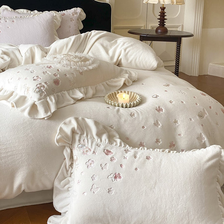 Soft Brushed Cotton Floral Embroidered Ruffled Duvet Cover & Sham Set