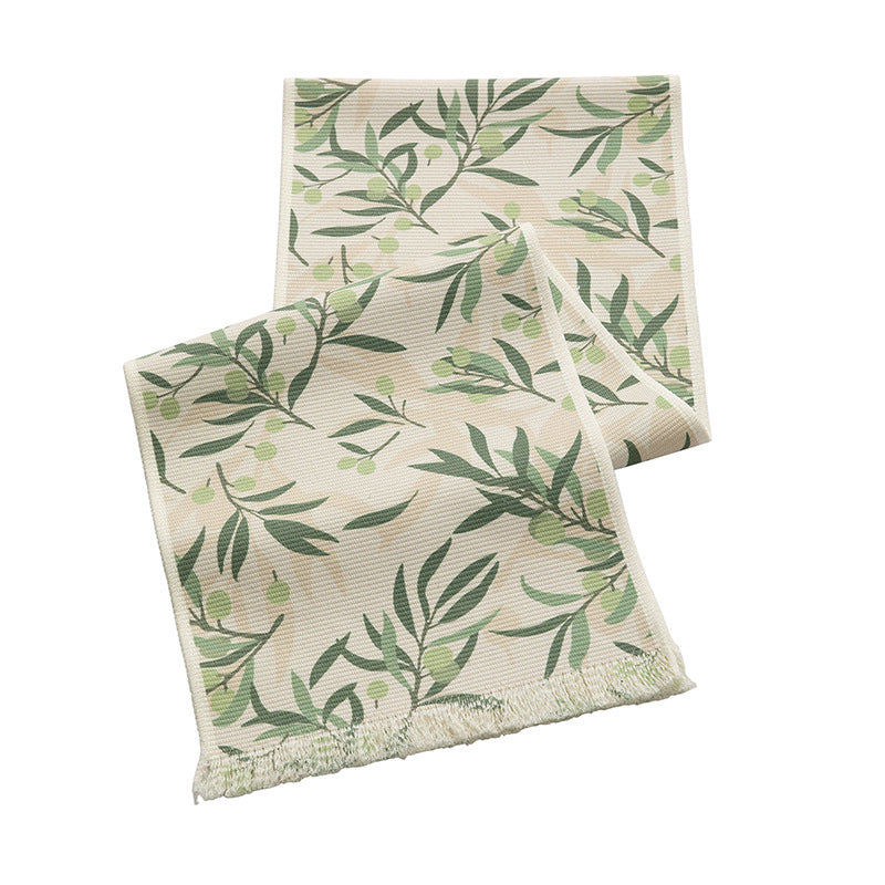 Woven table runner with floral jacquard pattern and fringed edge Stornfield