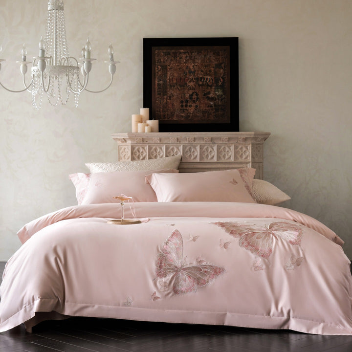 Embroidered Butterfly Satin Duvet Cover Set with Decorative Pillow Shams