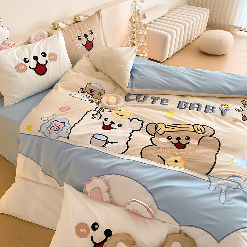 Cartoon Animal Reversible Microfiber Duvet Cover Set with Pillow Shams