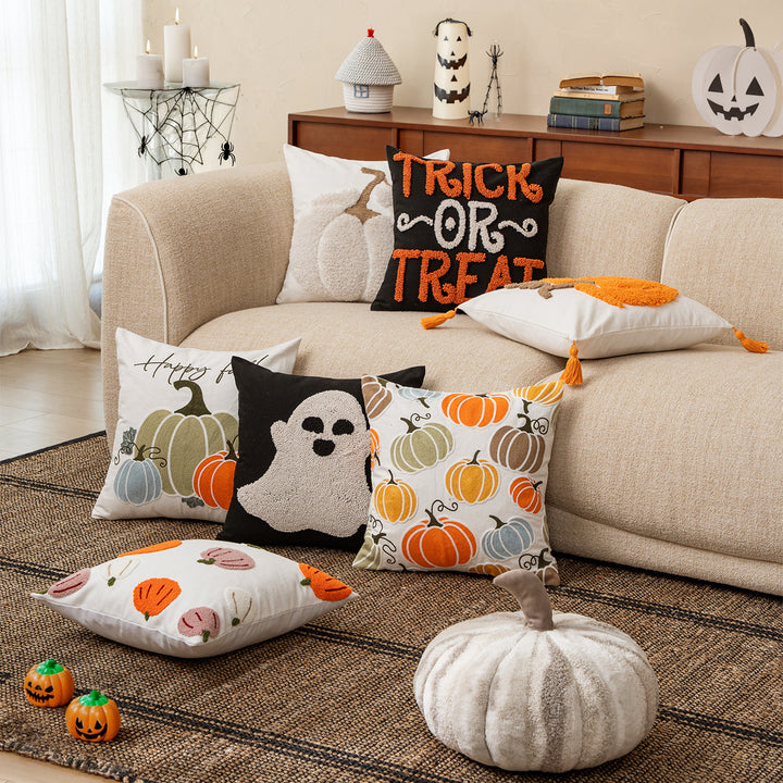 Embroidered decorative pillow cover with ghost tufting and hidden zipper