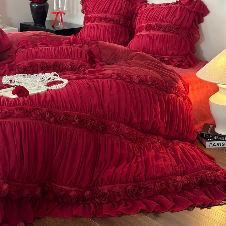Luxurious Ruffles and Rose Appliqués Velvet Bedding Set
