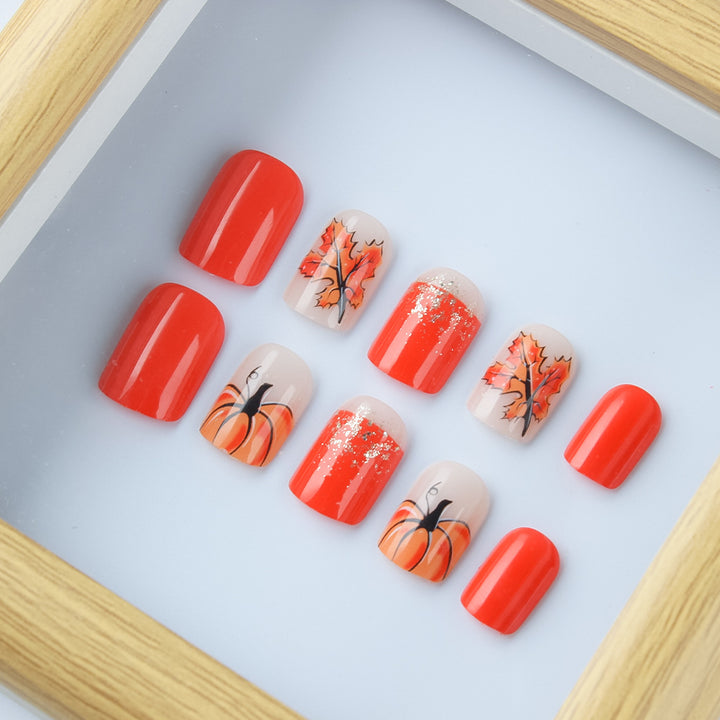 Festive Pumpkin-Themed Press-On Nail Set Stornfield