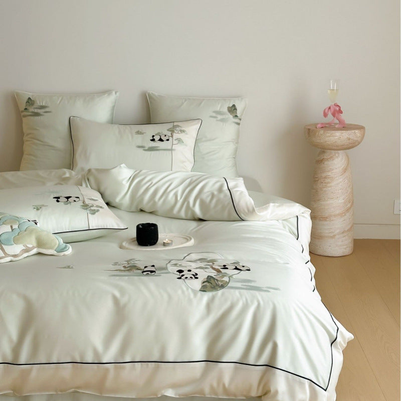 Embroidered Panda Motif Cotton-Sateen Duvet Cover and Sham Set