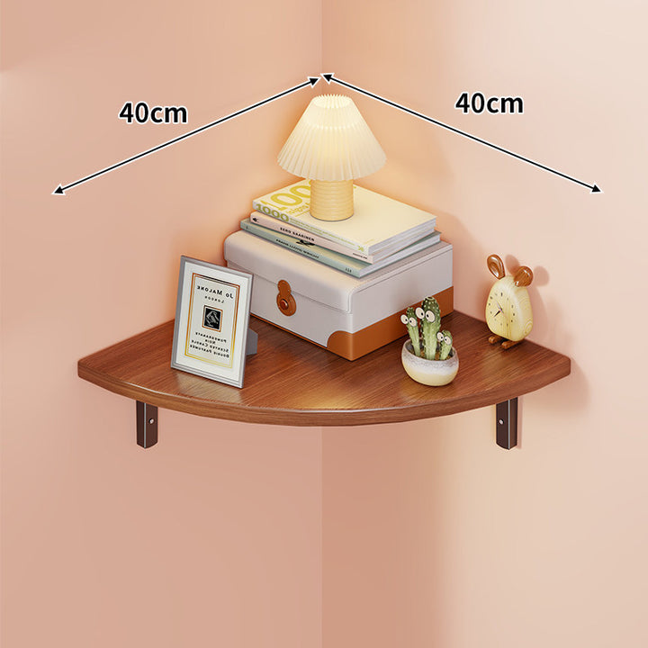Corner Wall-Mounted Floating Shelf with Rounded Triangular Solid Wood Top and Metal Support Brackets