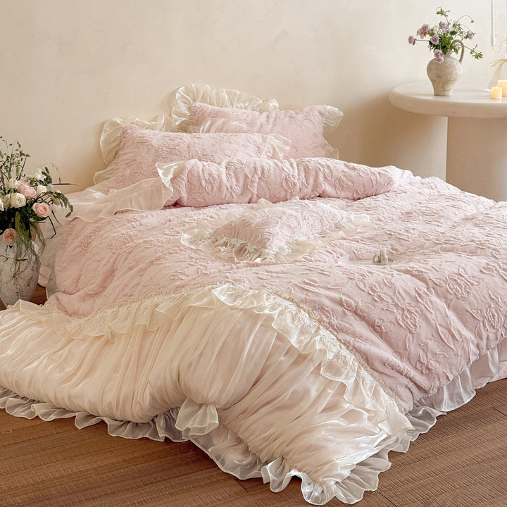 Ruffled Satin-Trim Quilted Floral Duvet Cover & Pillow Sham Set