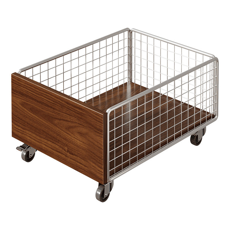Mobile Wire Mesh Storage Crate with Walnut-Style Wooden Side and Locking Swivel Wheels