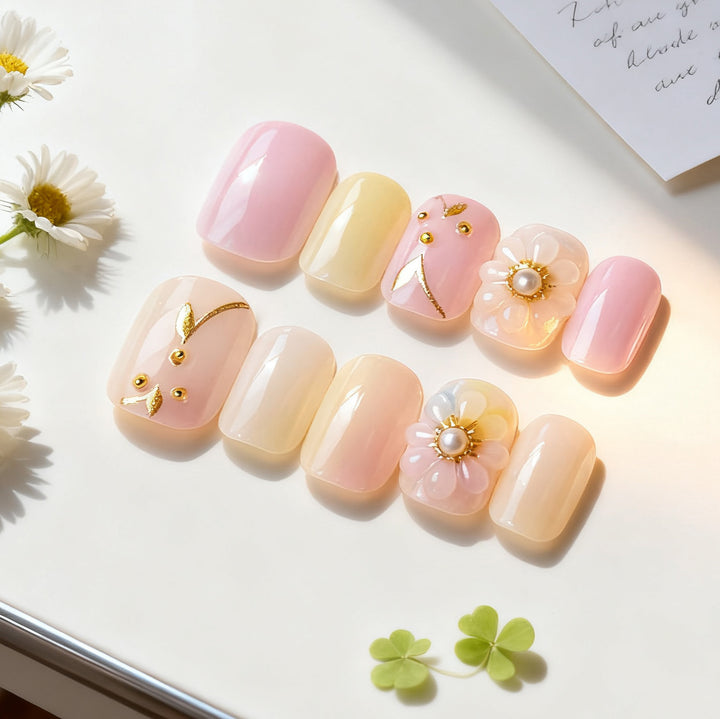 Floral-Themed Press-On Nail Art Set with Pearl Embellishments Stornfield