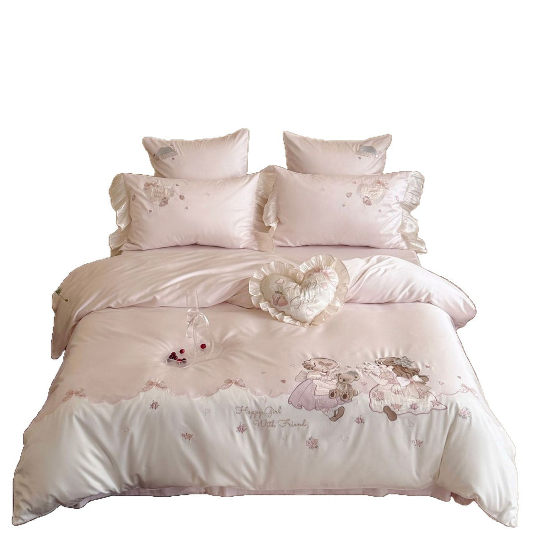 Luxurious embroidered cotton satin bed linen set with ruffles and fairy tale motif Stornfield