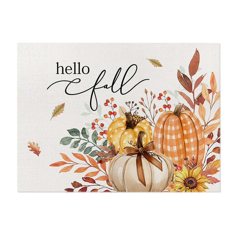 Rectangular Linen-Texture Table Placemat with Watercolor White Pumpkin & Fall Foliage Print