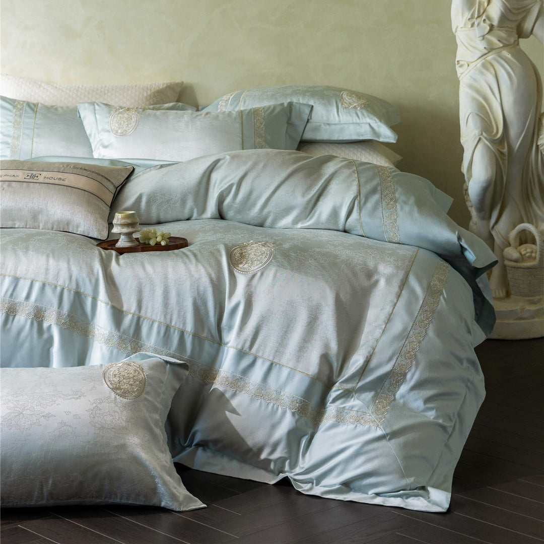 Luxury Embroidered Jacquard Sateen Duvet Cover Set with Lace Medallion Accents