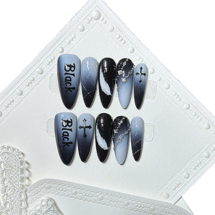Artistic Press-On Nail Set with Gothic Feather and Cross Design Stornfield