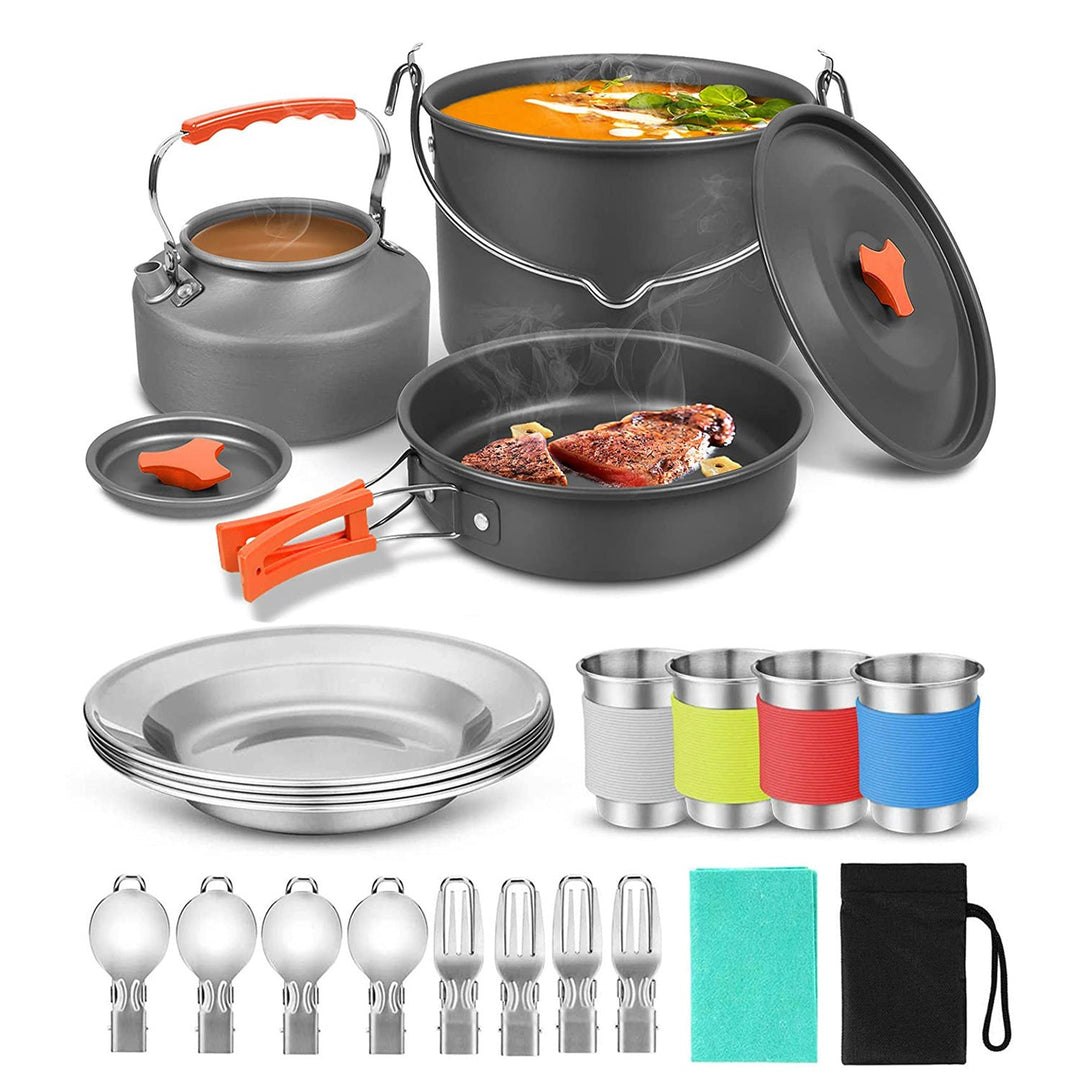 compact nesting anodized aluminum camping cookware kit with kettle nonstick pots frying pan foldable wash basin stainless steel plates cups Stornfield