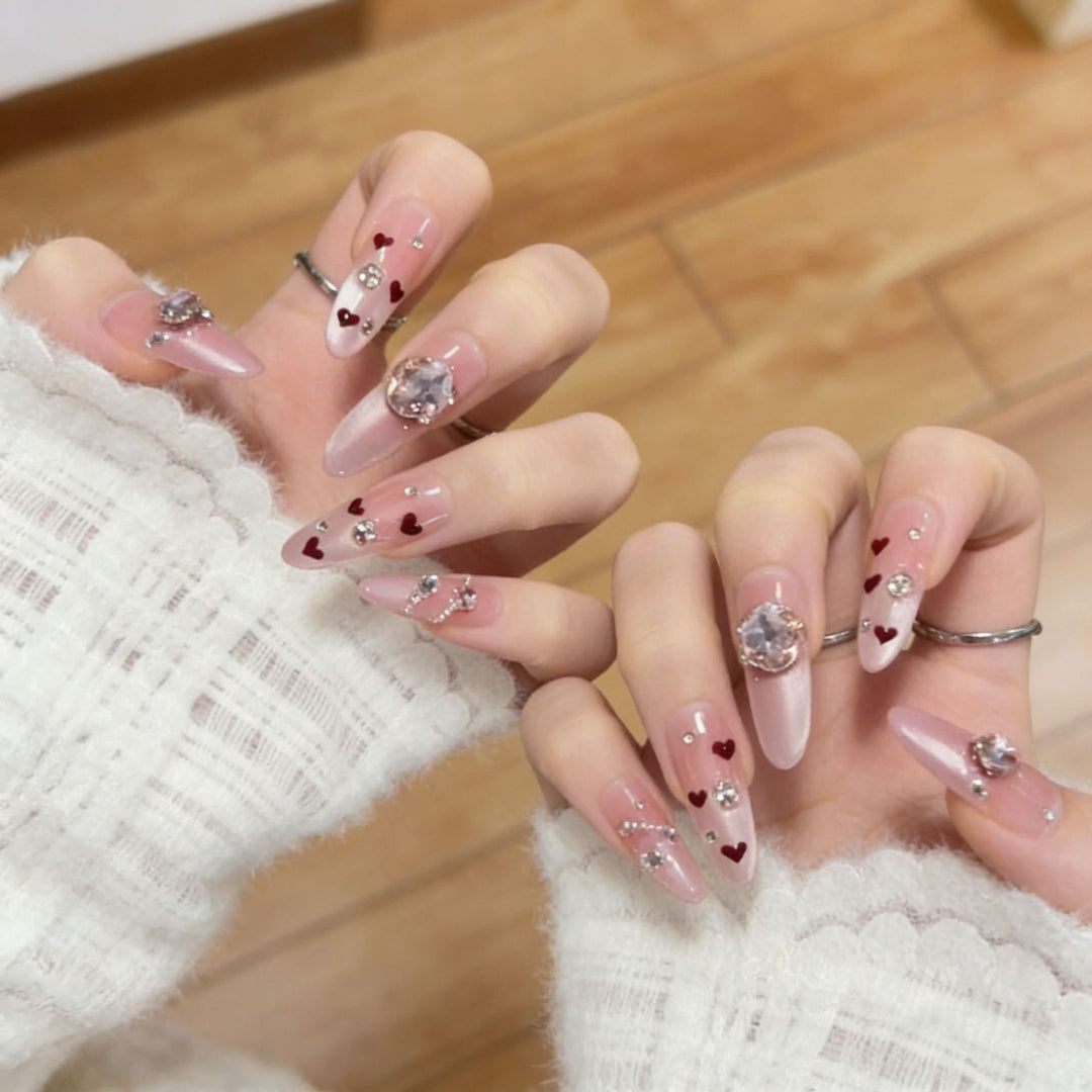 Decorative Press-On Nail Art with Heart and Gem Accents Stornfield