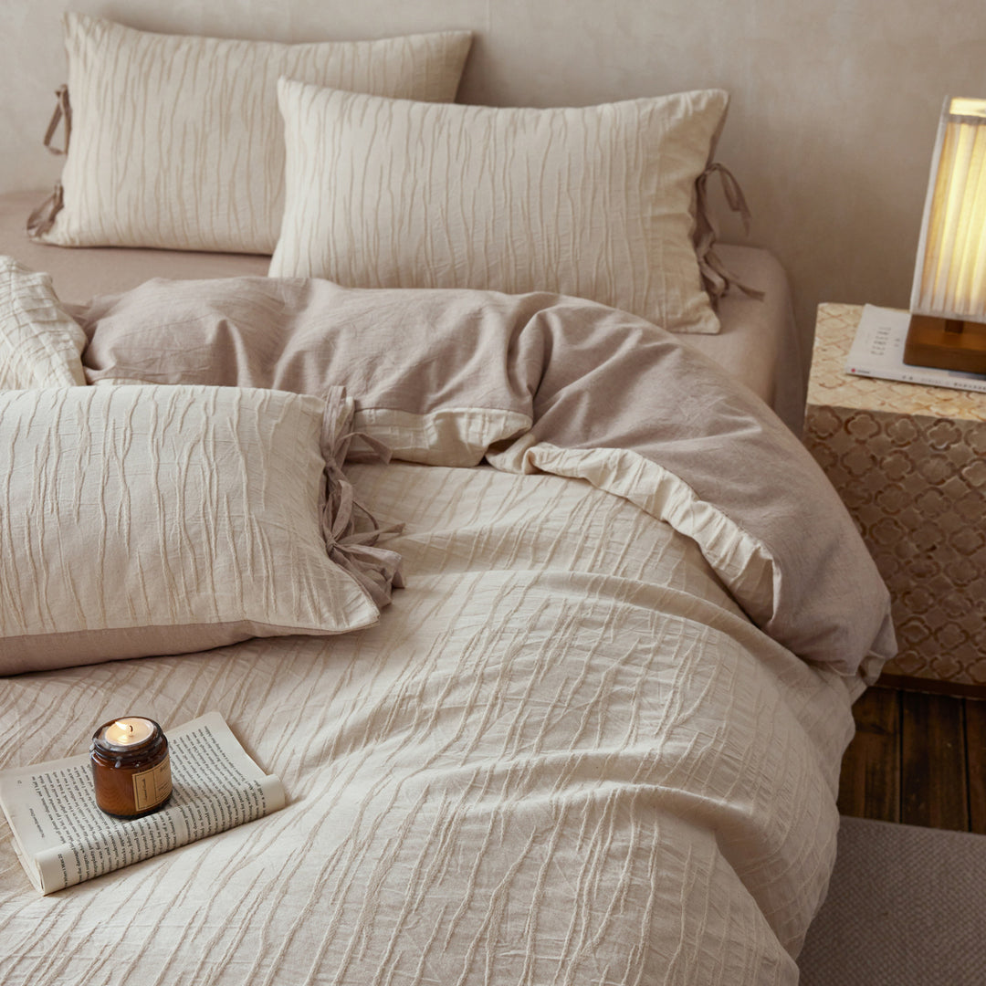 Reversible Washed Cotton-Linen Textured Duvet Cover Set with Tie-Closure Pillow Shams