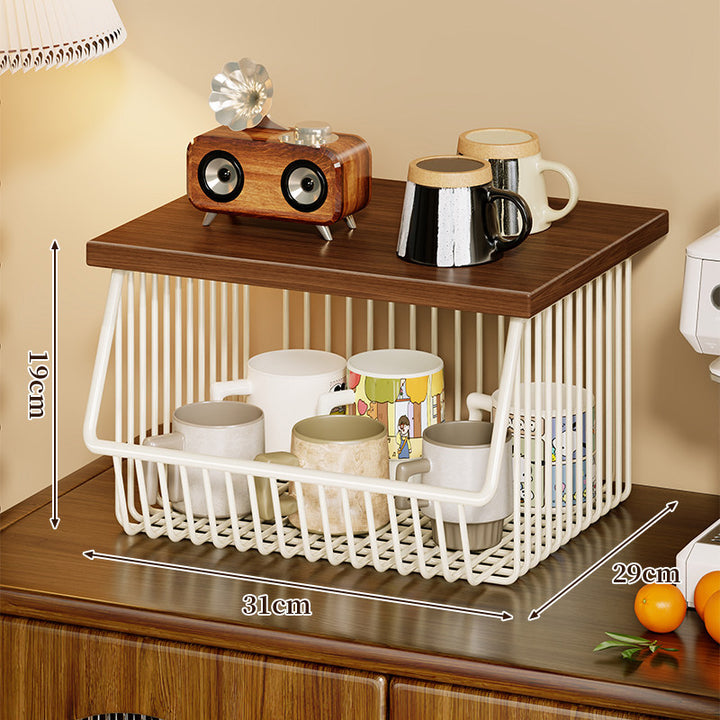 Mobile Four-Tier Kitchen Pantry Organizer Cart with Wood Top and Rolling Wire Baskets