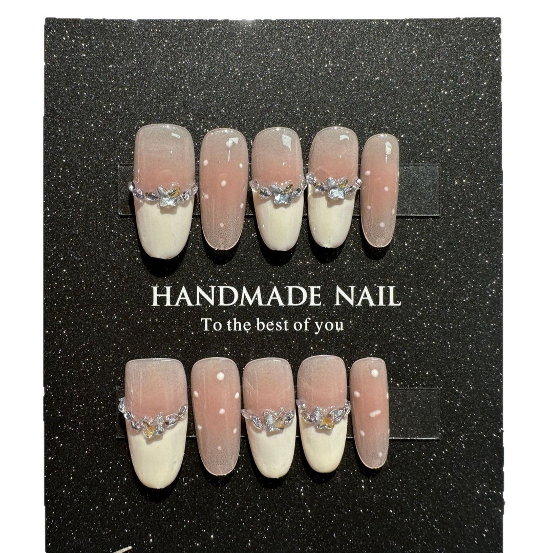 Handmade Elegant Press-On Nail Set with Gem Accents