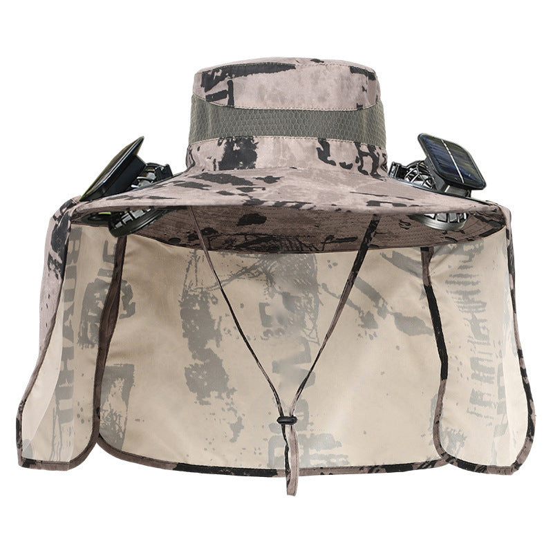 Sun hat with neck protection and integrated solar-powered dual fans Stornfield