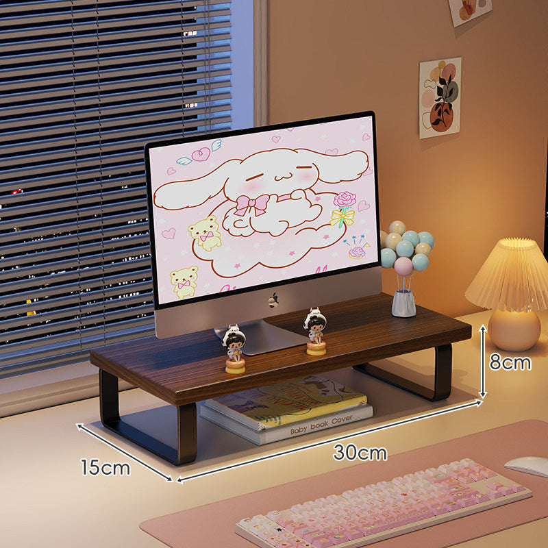 Low-Profile Wooden Monitor Riser with Metal Legs and Under-Shelf Storage