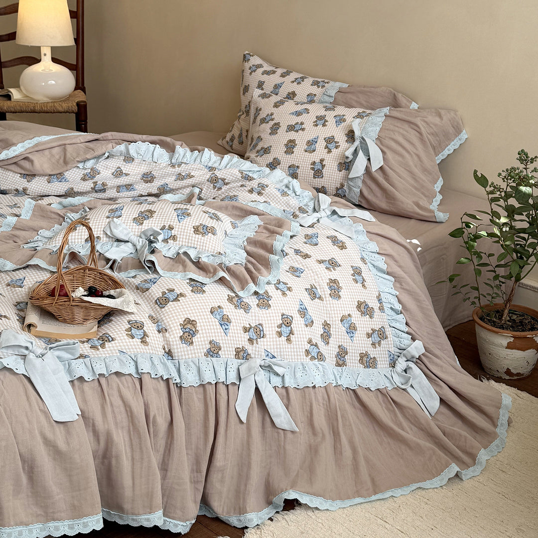 Vintage Ruffled Cotton Quilted Duvet Cover Set with Bow-Tied Pillow Shams & Bedskirt