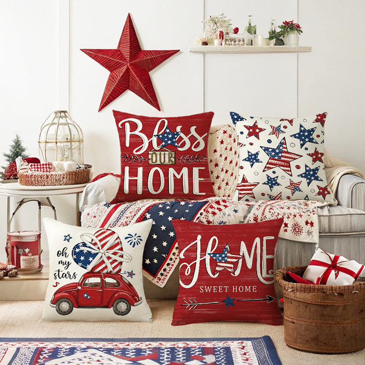 Patriotic Rustic Farmhouse Throw Pillow Cover with Star Accent