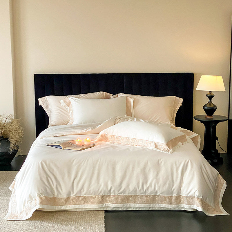 Luxury Cotton-Sateen Duvet Cover Set with Lace-Trim Hem & Decorative Pillow Shams