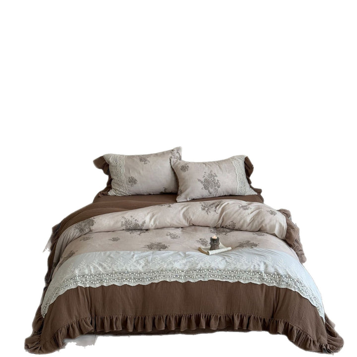 Bedding set in vintage look made of cotton-linen with lace trim and ruffle