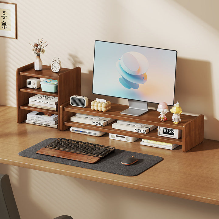 Solid Wood Monitor Riser and Desk Organizer with Dual-Level Shelf and Cable Management