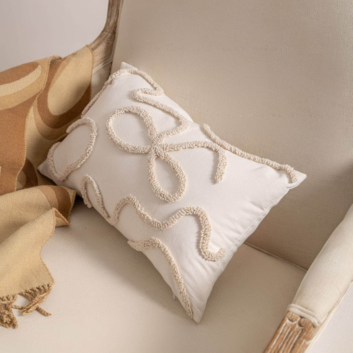 Bohemian Loop-Tufted Lumbar Pillow Cover with Curved Appliqué Texture