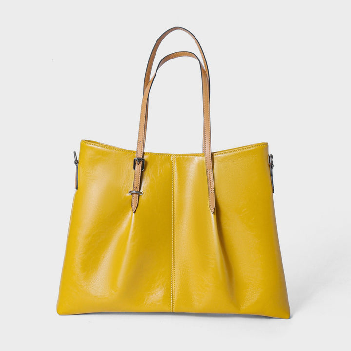 Large Glossy Leather Tote Shoulder Bag with Buckle Straps