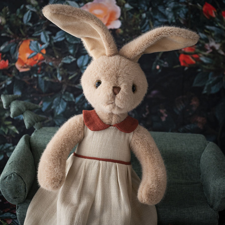 Plush Bunny Doll with Linen Outfit and Soft Fur