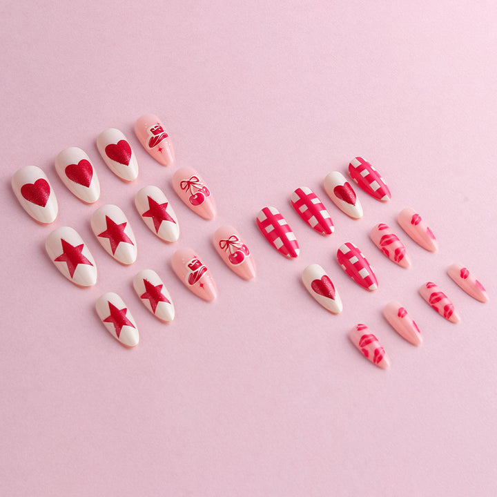 Artistic Press-On Nail Art Set with Heart and Star Designs Stornfield