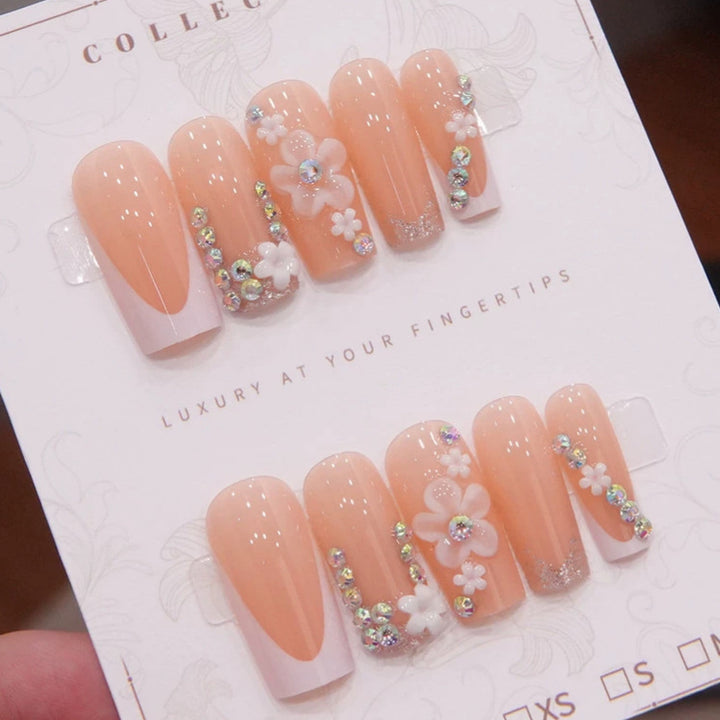 Luxury Press-On Nail Art Set with Floral and Gem Accents