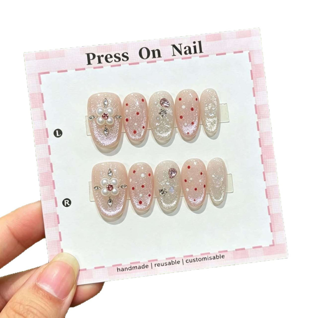 Decorative Press-On Nail Set with Floral and Shimmer Accents