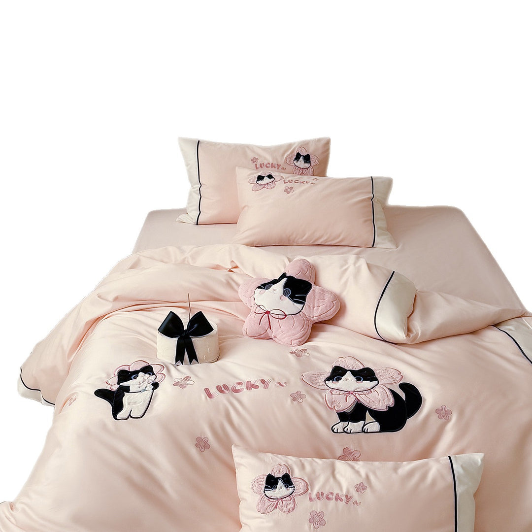 Cotton-Satin Embroidered Cat Duvet Cover Bedding Set