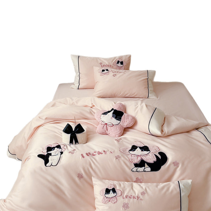Cotton-Satin Embroidered Cat Duvet Cover Bedding Set