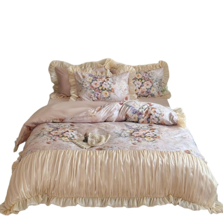 Floral Satin Ruffled Duvet Cover Set with Ruched Bedskirt & Decorative Pillow Shams