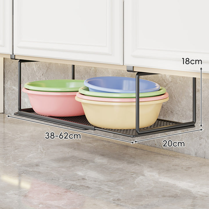 Under-Cabinet Expandable Pull-Out Mesh Storage Rack for Bowls and Supplies