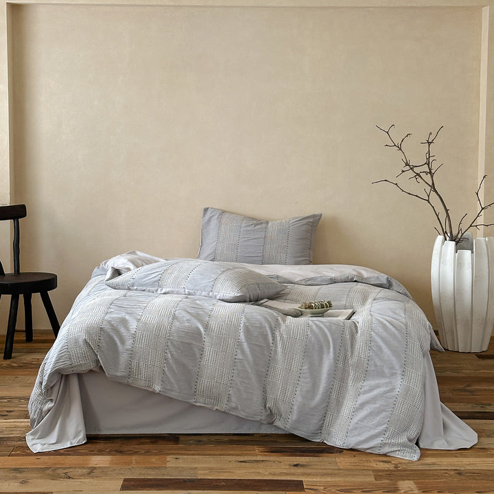 Luxury Washed Cotton-Linen Duvet Cover Set with Woven Stripe Accents