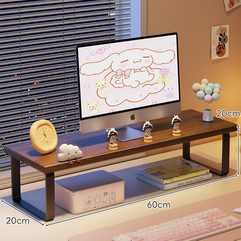 Low-Profile Wooden Monitor Riser with Metal Legs and Under-Shelf Storage