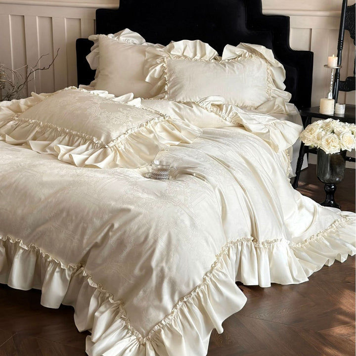 Ruffled Satin Jacquard Duvet Cover Set with Frilled Edge and Pillow Shams
